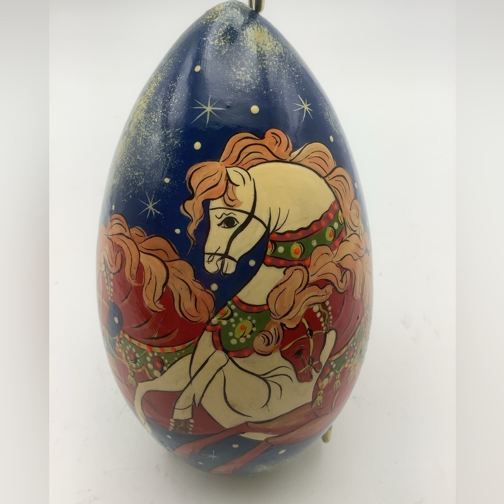 Vintage Hand Painted 5 1/2” Christmas Egg Featuring Santa and Horse Drawn Sled